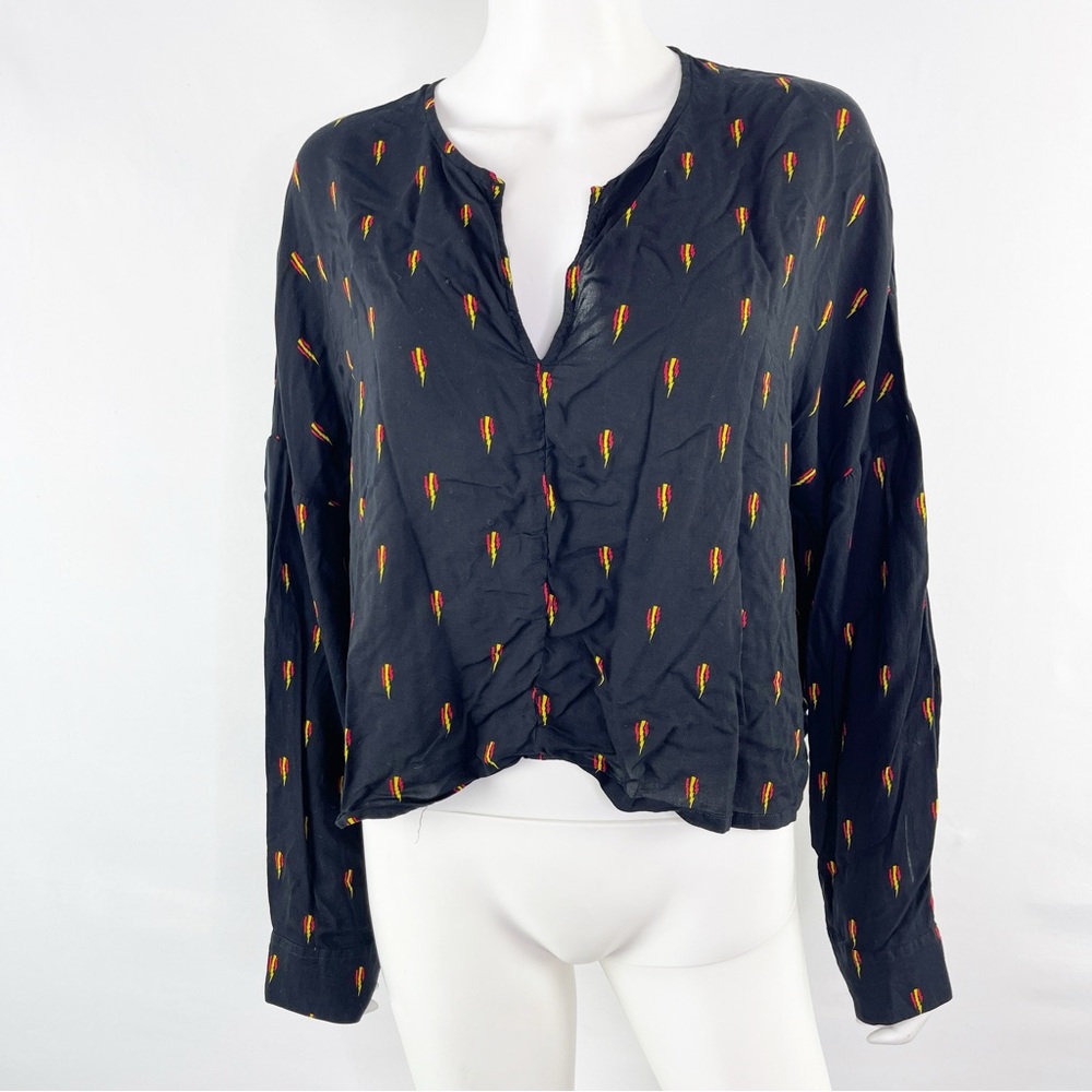 IRO Jeans Women's Black Long Sleeve DISJA Blouse Lightning Bolt Print Size 40 M